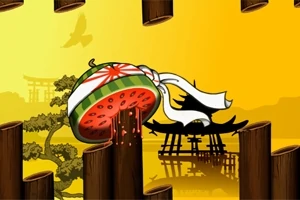 Rozpůlený meloun s japonskou stuhou na pozadí s japonskou krajinou a tradičními stavbami