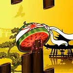 Rozpůlený meloun s japonskou stuhou na pozadí s japonskou krajinou a tradičními stavbami