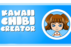 Modrá pozadí s nápisem Kawaii Chibi Creator a roztomilou kreslenou postavou s hnědými vlasy a modrýma očima v kruhu napravo