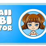 Modrá pozadí s nápisem Kawaii Chibi Creator a roztomilou kreslenou postavou s hnědými vlasy a modrýma očima v kruhu napravo