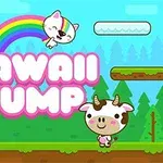 Barevná krajina s roztomilou duhou, usměvavou kočkou, kravičkou a želatinovým tvorem s nápisem KAWAII JUMP