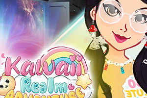 Barevný ilustrativní obrázek s názvem Kawaii Realm Adventure a dívkou v brýlích na pravé straně