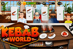 Kuchyňská scéna s kuchaři za pultem, grily s připravovaným kebabem a velkým logem Kebab World v popředí