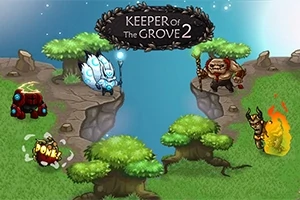 Barevná kreslená krajina s fantastickými postavami a nápisem Keeper of the Grove 2 nahoře