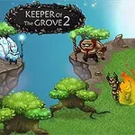 Barevná kreslená krajina s fantastickými postavami a nápisem Keeper of the Grove 2 nahoře