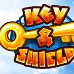 Zlatý klíč a text Key & Shield na modrém pozadí s oblaky