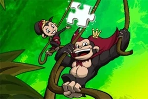 Dva kreslení opičí králové s korunkami visící na vinicích v džungli s dílem puzzle ve vzduchu