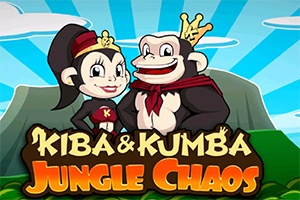 Kreslené postavy opic, jedna s čepicí a druhá s korunou, stojící před horami, s nápisem Kiba & Kumba Jungle Chaos ve spodní části