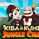 Kreslené postavy opic, jedna s čepicí a druhá s korunou, stojící před horami, s nápisem Kiba & Kumba Jungle Chaos ve spodní části