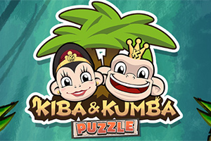 Dvě kreslené opice s korunou vedle palmy na modrozeleném pozadí, s nápisy Kiba & Kumba a Puzzle