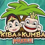 Dvě kreslené opice s korunou vedle palmy na modrozeleném pozadí, s nápisy Kiba & Kumba a Puzzle