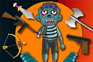 Zelený zombie postava v pruhovaném tričku obklopená různými typy zbraní, včetně meče, sekery, revolveru a luku