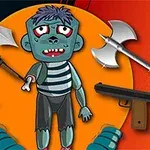 Zelený zombie postava v pruhovaném tričku obklopená různými typy zbraní, včetně meče, sekery, revolveru a luku
