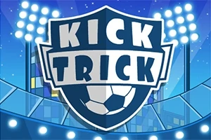 Logo se slovy Kick Trick na sportovním štítu s motivem fotbalového míče v pozadí fotbalového stadionu s osvětlením
