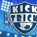 Logo se slovy Kick Trick na sportovním štítu s motivem fotbalového míče v pozadí fotbalového stadionu s osvětlením