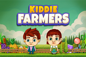 Dvě kreslené postavy dětí stojí na farmě před pestrým pozadím se stromy a úrodou s nápisem Kiddie Farmers nahoře