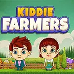 Dvě kreslené postavy dětí stojí na farmě před pestrým pozadím se stromy a úrodou s nápisem Kiddie Farmers nahoře