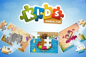 Puzzle se zvířaty pro děti s nálepkou „KIDS Animal Fun“ na modrém pozadí