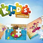 Puzzle se zvířaty pro děti s nálepkou „KIDS Animal Fun“ na modrém pozadí