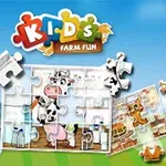 Dětská skládačka s motivem krávy na farmě a barevným nápisem na modrém pozadí