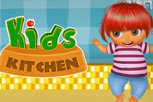 Dítě s červenými vlasy v pruhovaném tričku stojí vedle nápisu Kids Kitchen na kostkovaném pozadí