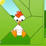 Složení puzzle s obrázkem slepičky na zelené louce s kopci a žlutým kuřátkem