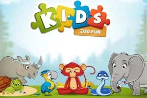 Kreslená zvířata, včetně opice, papouška, nosorožce, slona a hada, sedí na louce pod nápisem složeným z písmen na puzzle dílcích