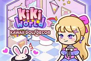 Roztomilá kreslená blondýnka v pastelovém pokoji s králíčkem, nápisem KiKi World a kawaii dekoracemi