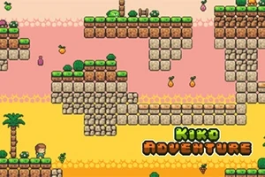 Barevná pixelová grafika s pozadím skákacích plošin a postavou v herním prostředí