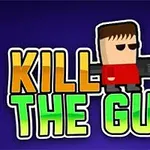 Nápis KILL THE GUY s kreslenou postavou muže s červeným tričkem a velkou zbraní na tmavě modrém pozadí