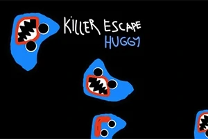 Modrá kreslená postavička s velkými zuby a nápisem Killer Escape Huggy na černém pozadí
