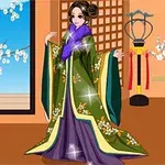 Žena v tradičním japonském oděvu stojí v interiéru s výhledem na kvetoucí třešně