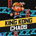 Pixelová postava s blonďatými vlasy a vousy běží po modré konstrukci s banány a růžovými sudy na tmavém pozadí, s nápisem KING KONG CHAOS