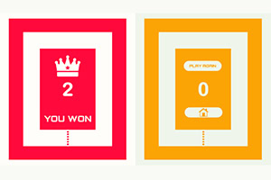 Obrázek zobrazuje červenou kartu s korunou a nápisem YOU WON vedle oranžové karty s číslem 0 a tlačítkem PLAY AGAIN