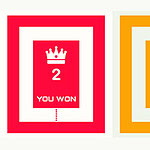 Obrázek zobrazuje červenou kartu s korunou a nápisem YOU WON vedle oranžové karty s číslem 0 a tlačítkem PLAY AGAIN