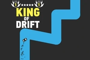 Modré klikaté závodní dráha s drifitujícím autem a nápisem King of Drift na černém pozadí