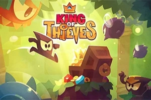 Dynamická scéna s kreslenou postavou skákající kolem pokladu v lese s názvem King of Thieves nahoře