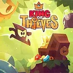 Dynamická scéna s kreslenou postavou skákající kolem pokladu v lese s názvem King of Thieves nahoře
