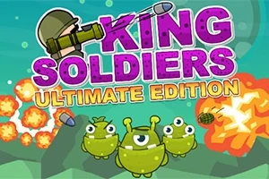 Barevný obrázek s nápisem „King Soldiers Ultimate Edition“ a zobrazením zelených mimozemských postaviček, explozí a vojáka s helmou a raketometem