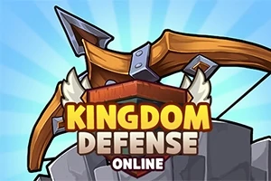 Název Kingdom Defense Online na pozadí s kreslenou kuší a oblohou s paprsky světla