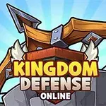 Název Kingdom Defense Online na pozadí s kreslenou kuší a oblohou s paprsky světla