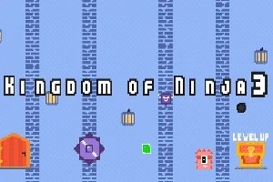 Barevné pixelové prvky a symboly na modrém pozadí s nápisem „Kingdom of Ninja 3“