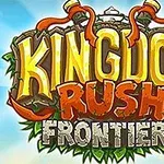 Kingdom Rush Frontiers Barevný nápis Kingdom Rush Frontiers s ozdobnými prvky na modrém pozadí s mraky