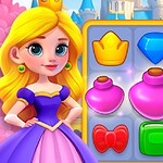 Princezna s dlouhými blond vlasy stojící vedle herní mřížky obsahující koruny, diamant, štít, lahvičky a další barevné předměty na pozadí hradu