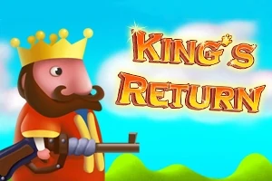 Kreslený král s korunou drží pušku vedle nápisu „Kings Return“ na barevném pozadí s modrou oblohou a zelenými kopci