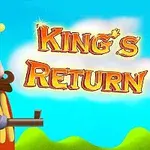 Kreslený král s korunou drží pušku vedle nápisu „Kings Return“ na barevném pozadí s modrou oblohou a zelenými kopci