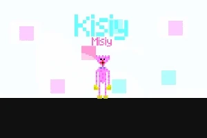 Růžová postava s názvem Kisiy Misiy na světlém pozadí s barevnými čtverci