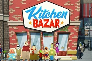 Skupina kreslených postav stojí před obchodem s nápisem Kitchen Bazar na cihlové budově
