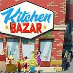 Skupina kreslených postav stojí před obchodem s nápisem Kitchen Bazar na cihlové budově