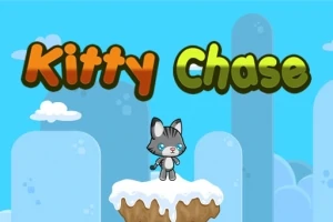 Kočka stojící na zasněžené plošině s modrou oblohou a načechranými mraky v pozadí, doplněná barevným textem Kitty Chase
